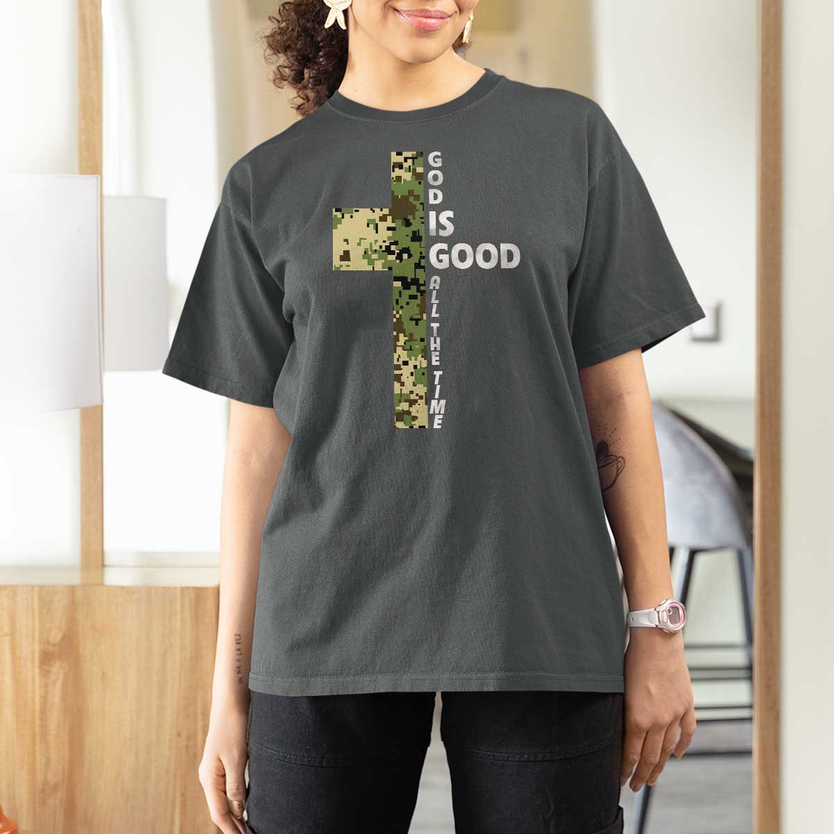God Is Good T Shirt For Women Camo Cross Religious Jesus Faith Bible Verse Inspirational