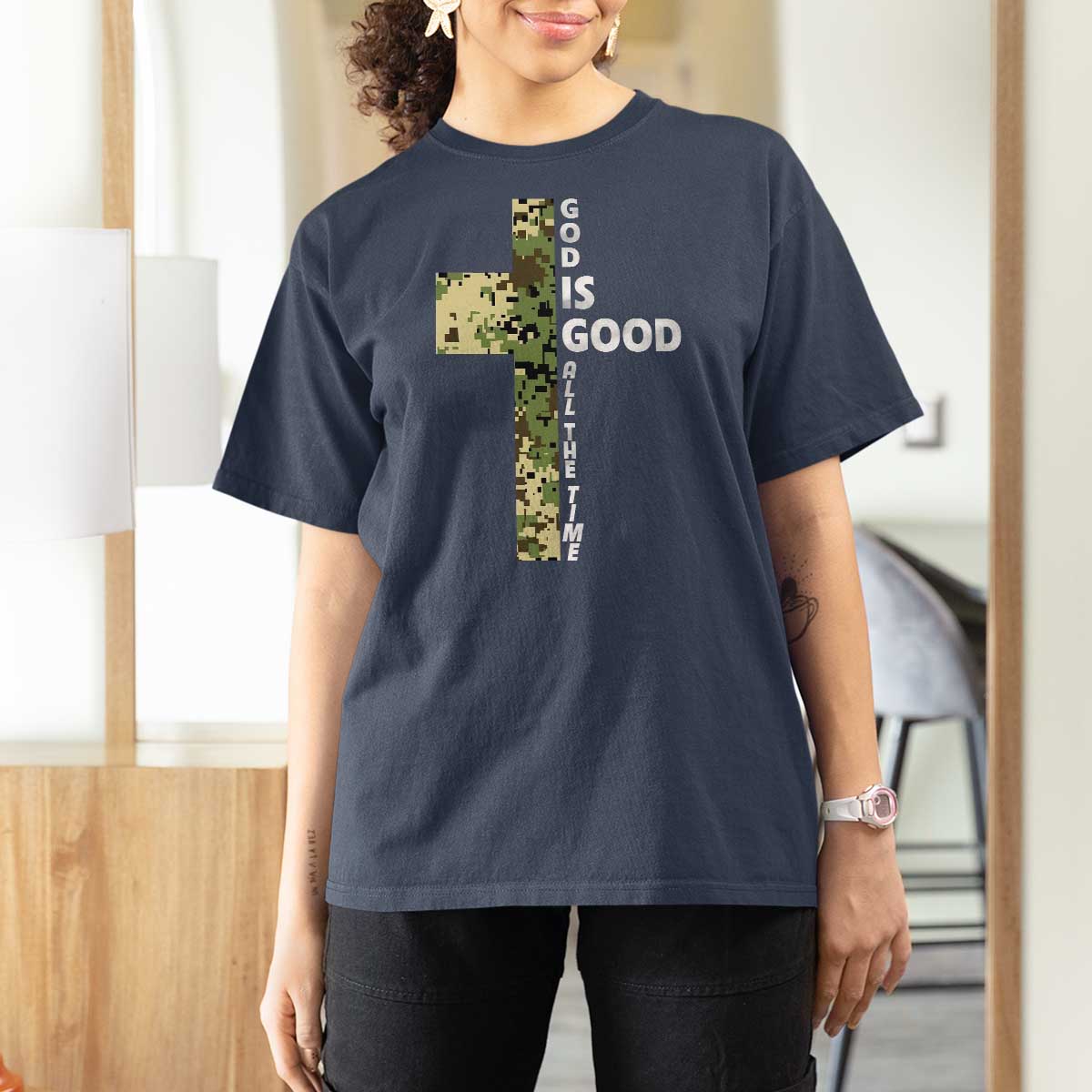 God Is Good T Shirt For Women Camo Cross Religious Jesus Faith Bible Verse Inspirational