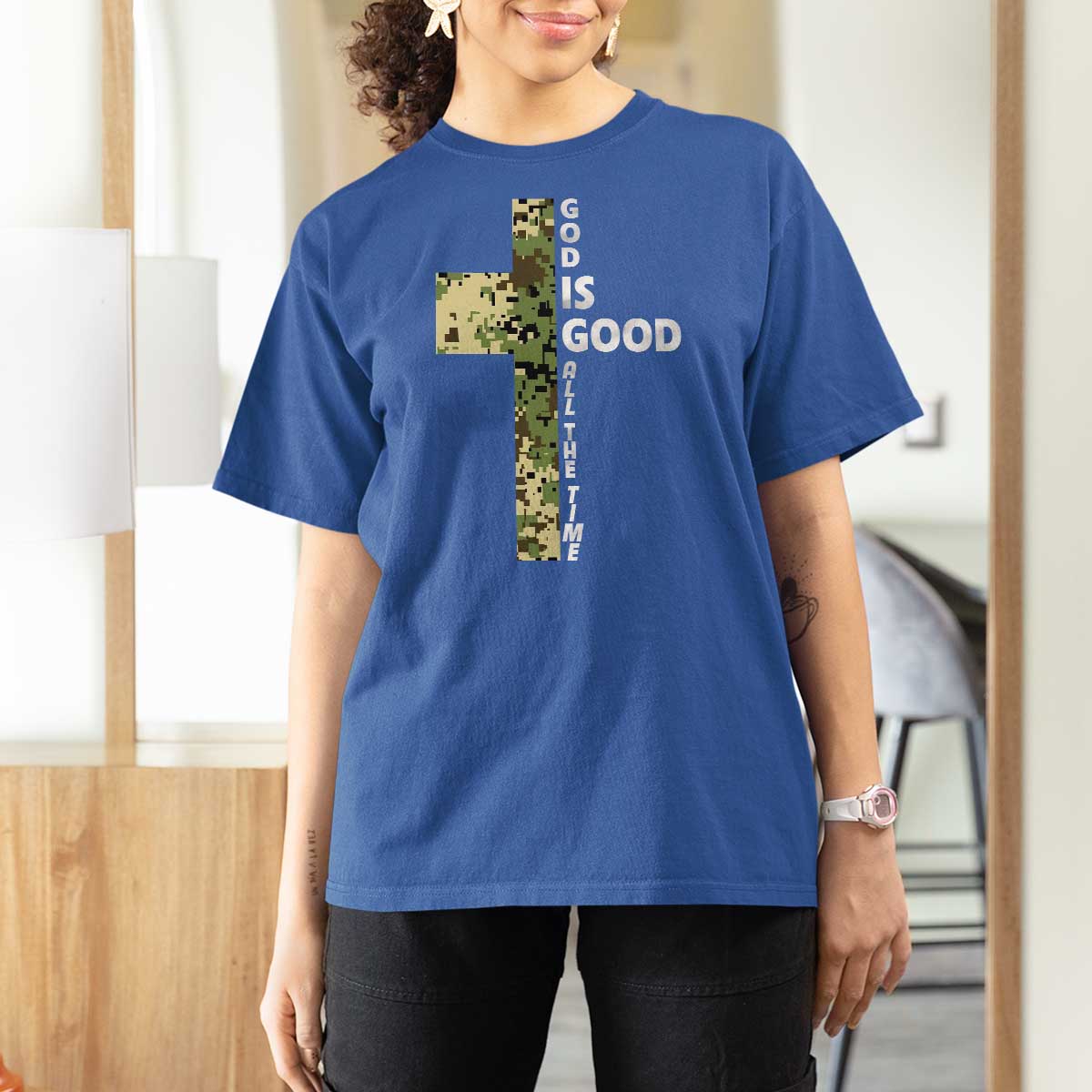 God Is Good T Shirt For Women Camo Cross Religious Jesus Faith Bible Verse Inspirational