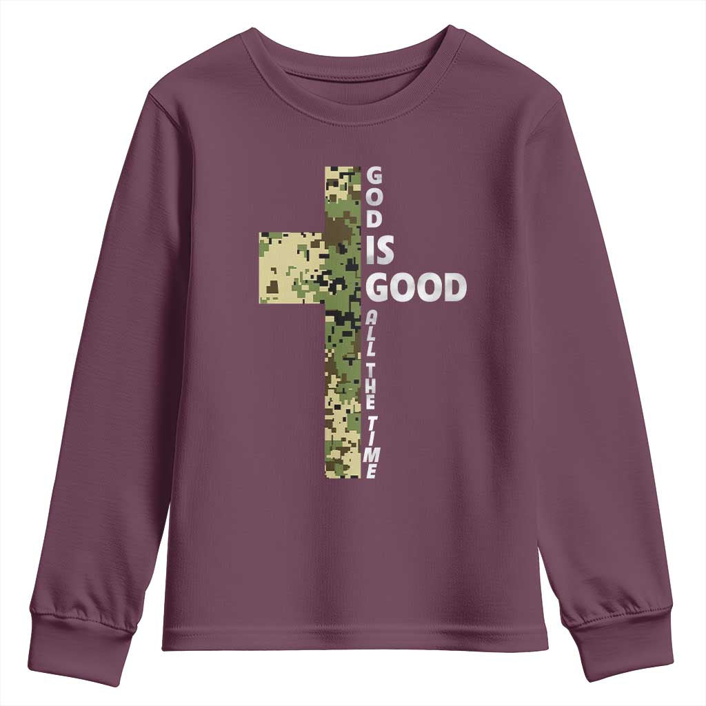 God Is Good Youth Sweatshirt Camo Cross Religious Jesus Faith Bible Verse Inspirational