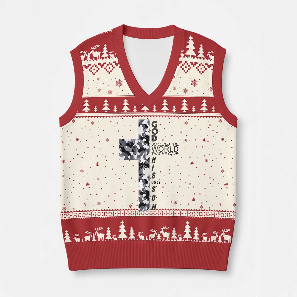 Son Of God Jesus V-Neck Knit Sweater Vest Camo Christ Cross Christian 9 John 3 16