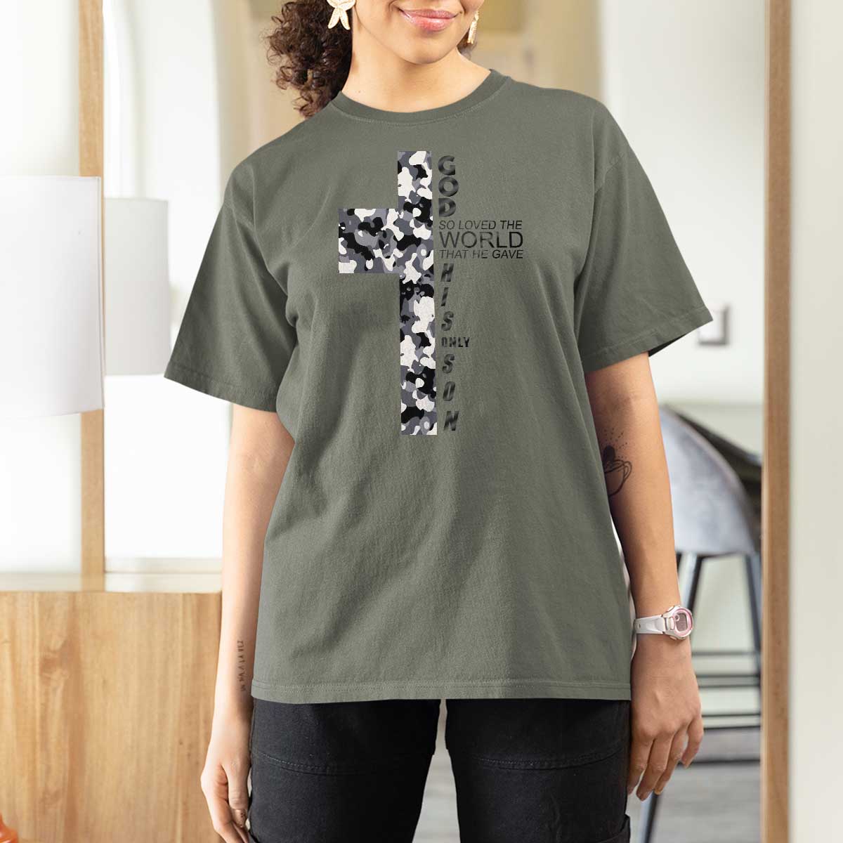 Son Of God Jesus T Shirt For Women Camo Christ Cross Christian 9 John 3 16