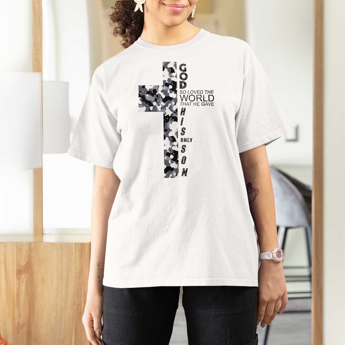 Son Of God Jesus T Shirt For Women Camo Christ Cross Christian 9 John 3 16