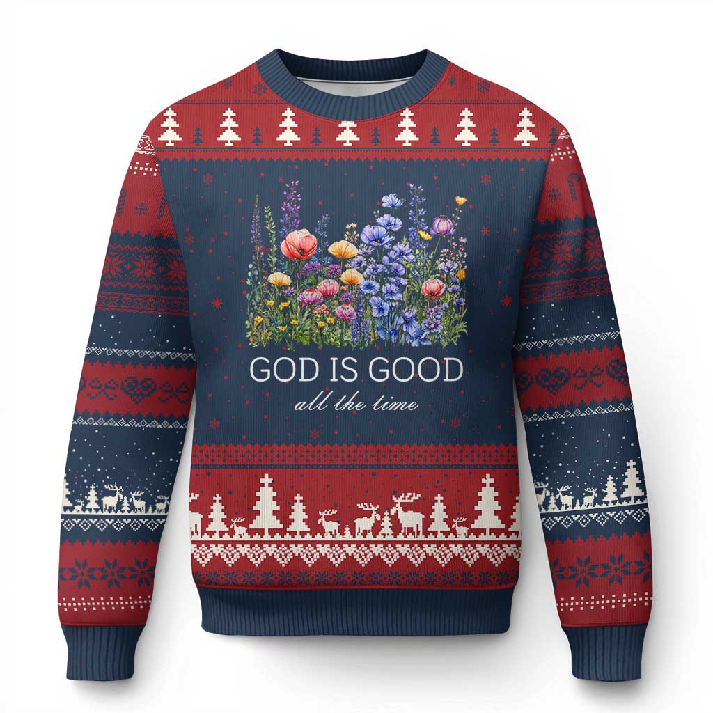 God Is Good Ugly Christmas Sweater Wildflower Christian Jesus Graphic Religious Bible Verse