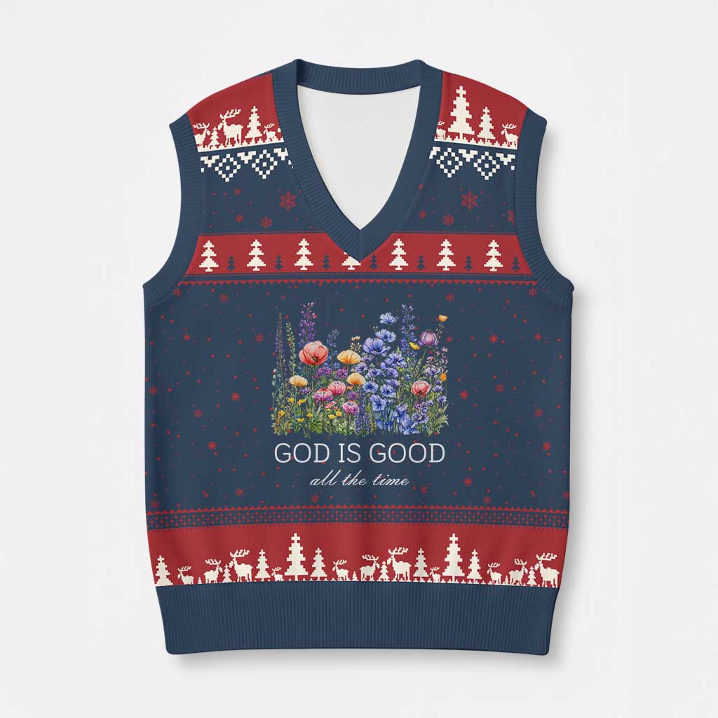 God Is Good V-Neck Knit Sweater Vest Wildflower Christian Jesus Graphic Religious Bible Verse