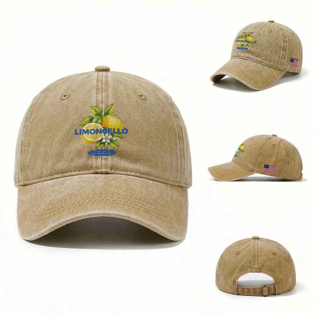 Vintage Limoncello Lemon Liqueur Washed Cotton Baseball Cap Citrus Fruit Botanical Italian Summer Graphic