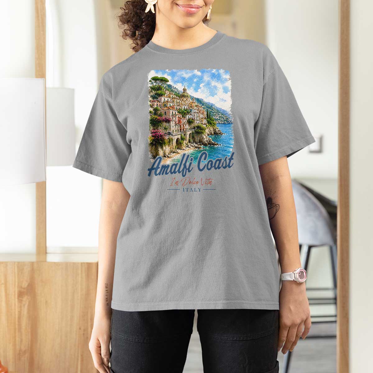 Amalfi Coast T Shirt For Women La Dolce Vita Italy Coastal Village Vintage Mediterranean Paradise