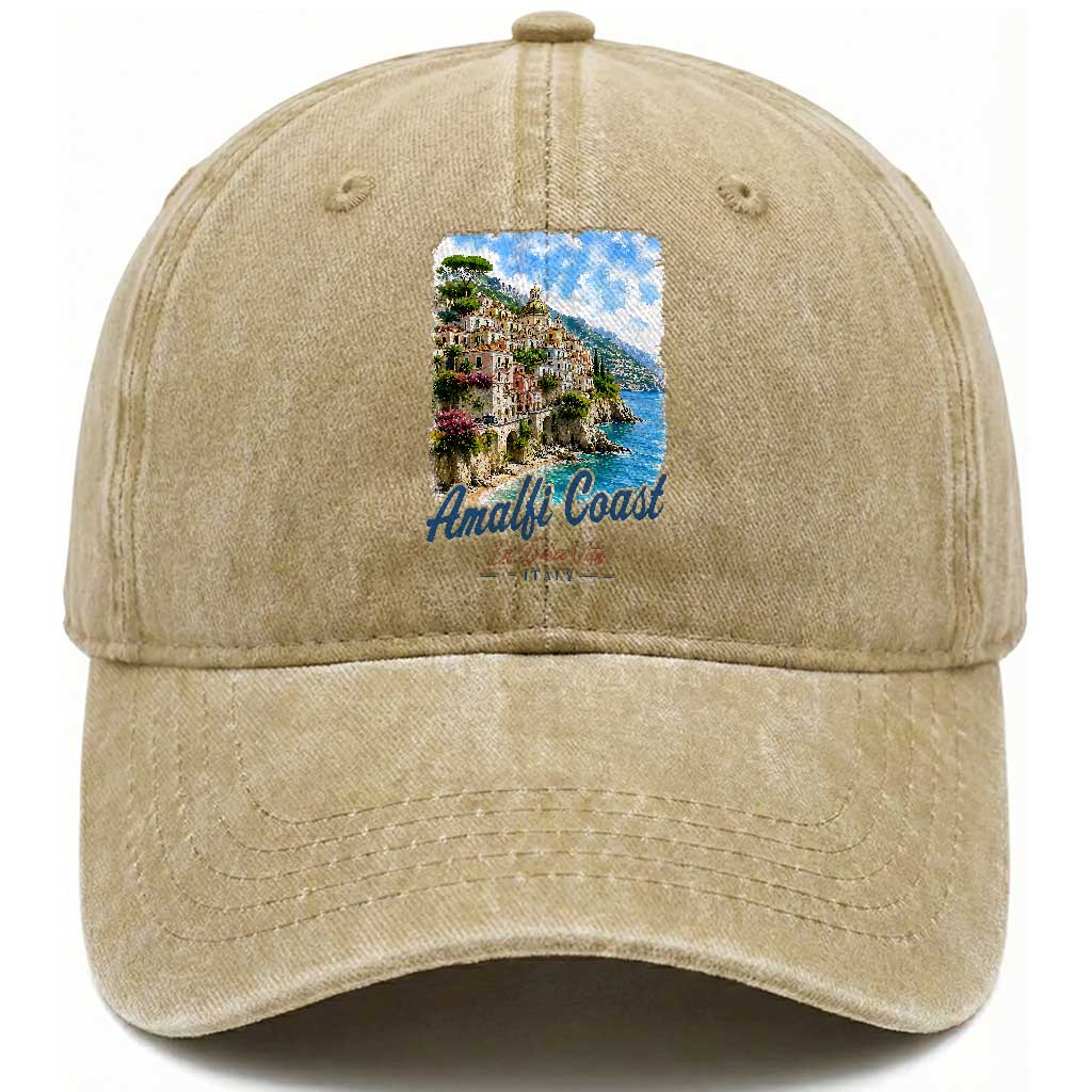 Amalfi Coast Washed Cotton Baseball Cap La Dolce Vita Italy Coastal Village Vintage Mediterranean Paradise