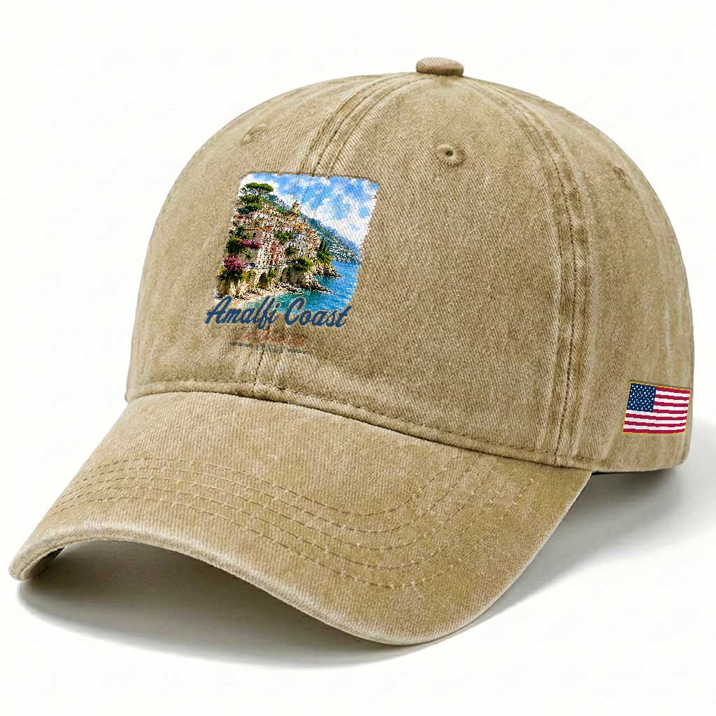 Amalfi Coast Washed Cotton Baseball Cap La Dolce Vita Italy Coastal Village Vintage Mediterranean Paradise