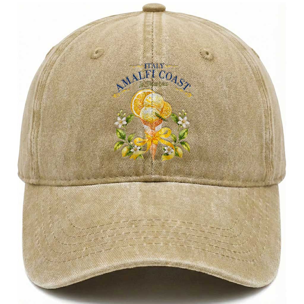 Amalfi Coast Limoncello Gelato Washed Cotton Baseball Cap La Dolce Vita Italy Lemon Dessert Summer