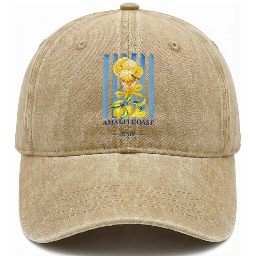 Amalfi Coast Italy Lemon Gelato Washed Cotton Baseball Cap La Dolce Vita Citrus Summer Travel Vintage Coastal