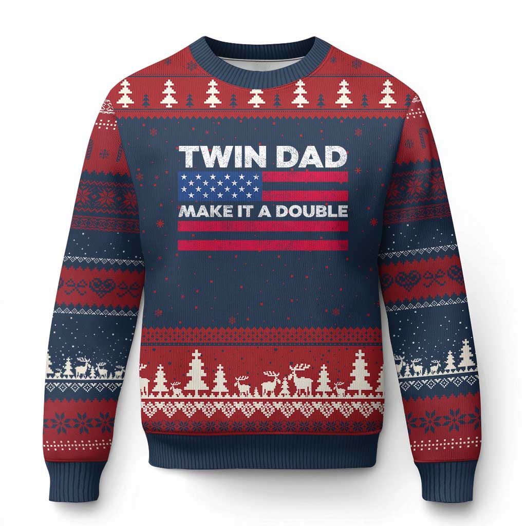 Retro Twin Dad Ugly Christmas Sweater Make It A Double US Flag Fathers Day