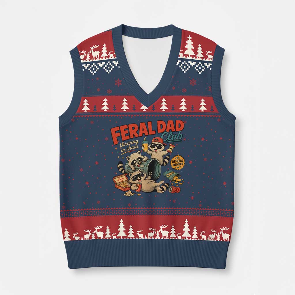 Funny Raccoon Dad V-Neck Knit Sweater Vest Feral Dad Club Fathers Day Gift