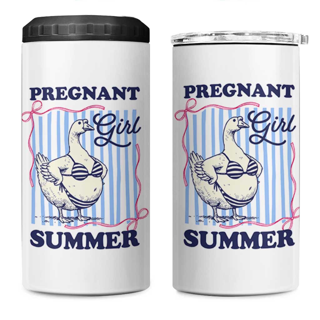 Pregnant Girl Summer 4 in 1 Can Cooler Tumbler Striped Coquette Summer Goose Beach Pregnancy Announcement