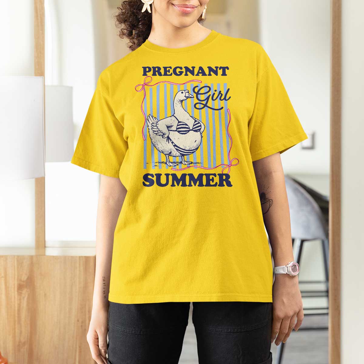 Pregnant Girl Summer T Shirt For Women Striped Coquette Summer Goose Beach Pregnancy Announcement