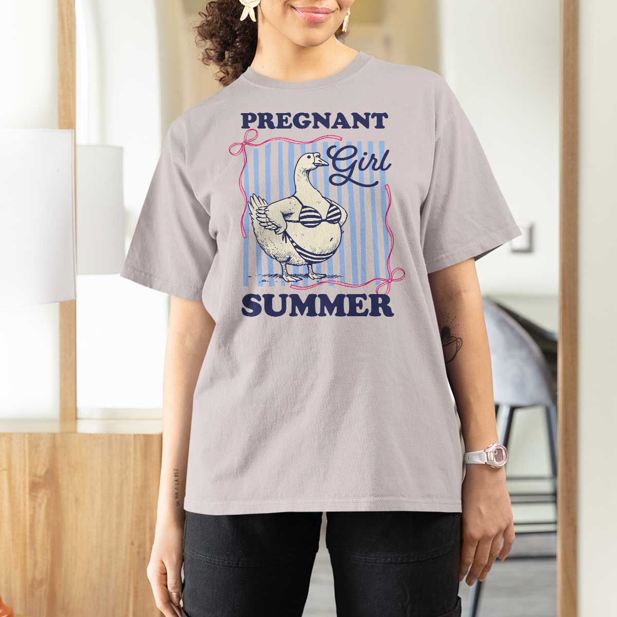Pregnant Girl Summer T Shirt For Women Striped Coquette Summer Goose Beach Pregnancy Announcement