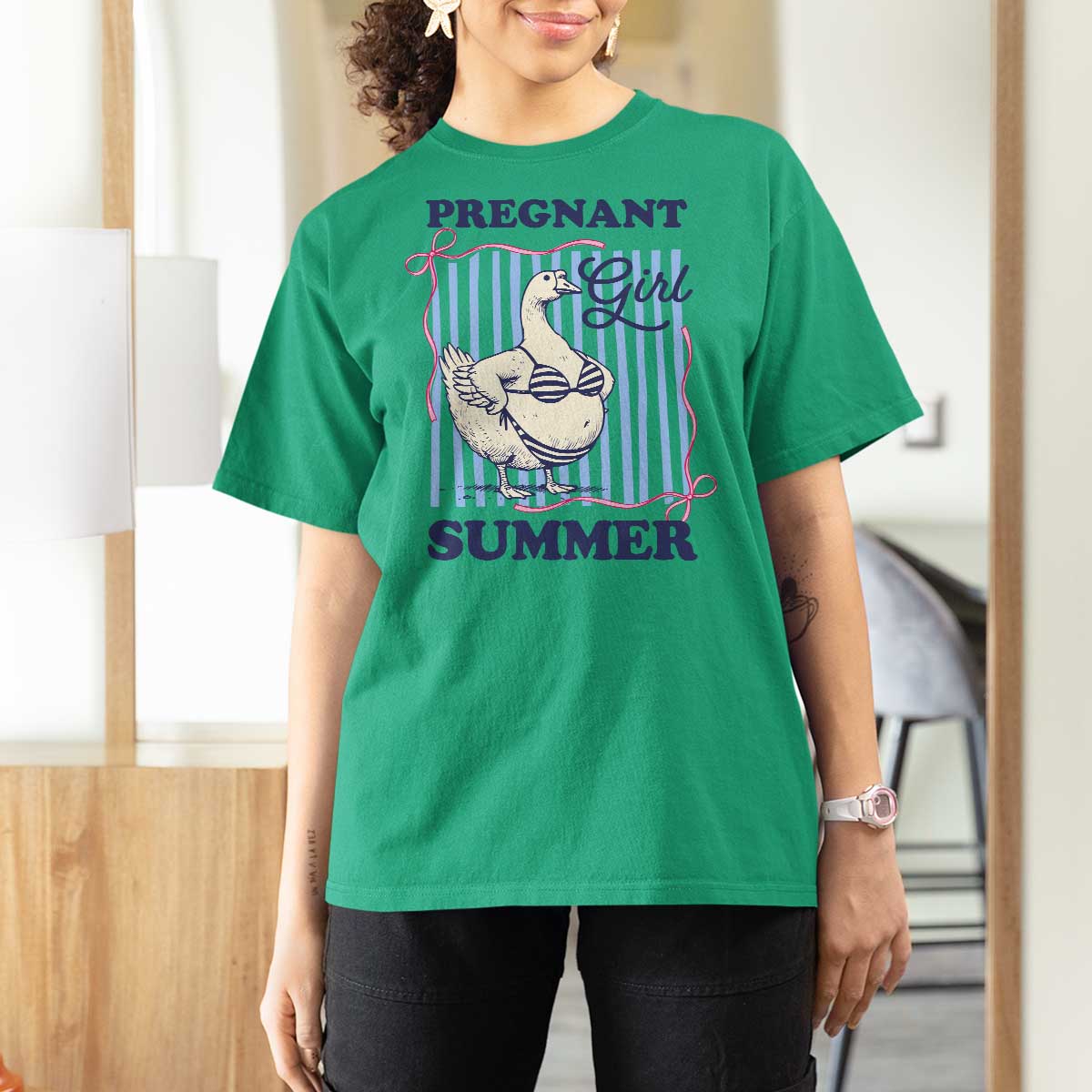 Pregnant Girl Summer T Shirt For Women Striped Coquette Summer Goose Beach Pregnancy Announcement