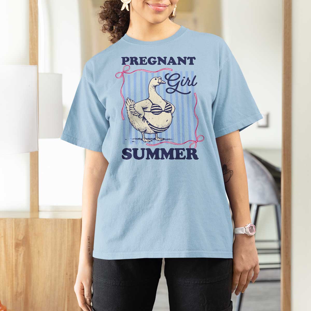 Pregnant Girl Summer T Shirt For Women Striped Coquette Summer Goose Beach Pregnancy Announcement