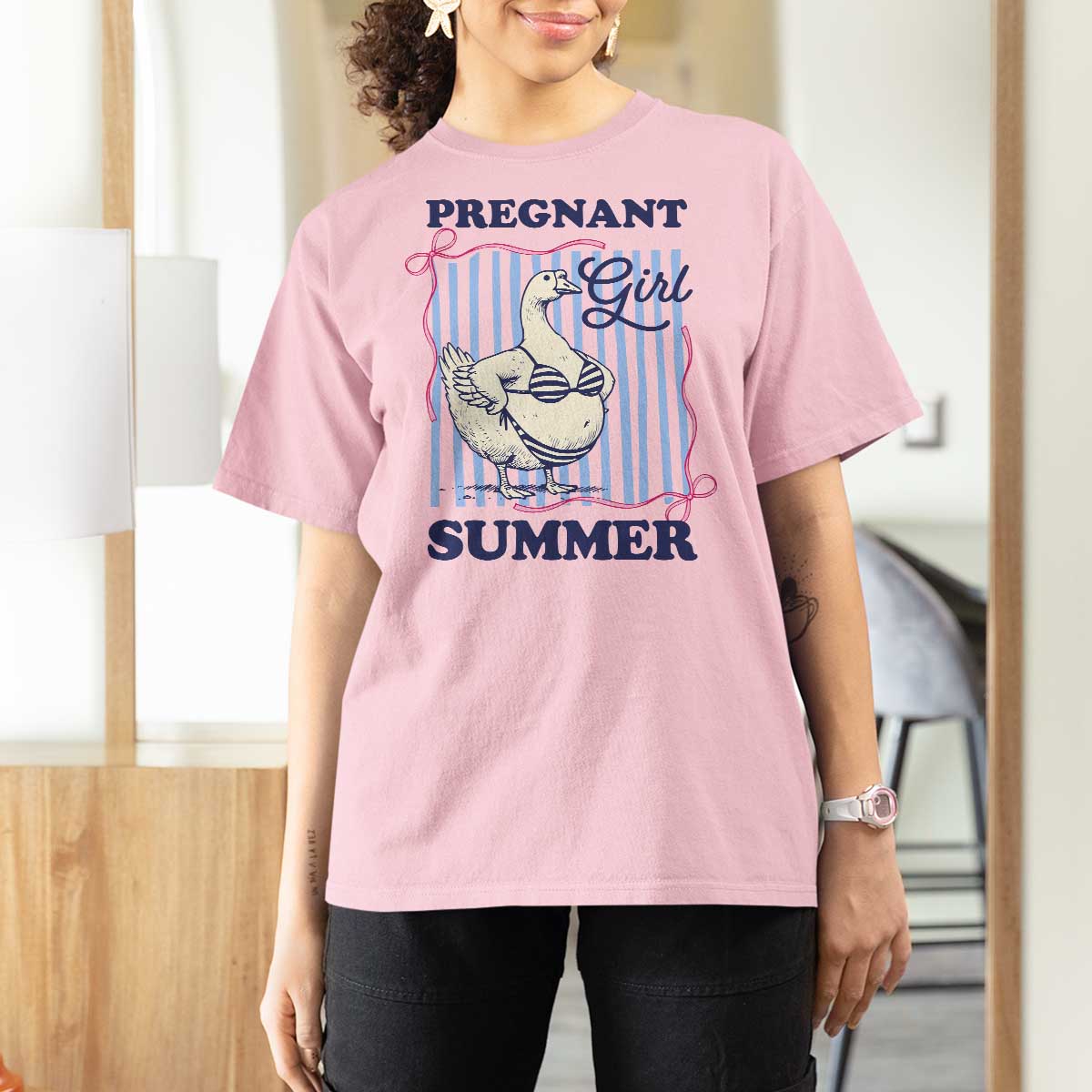 Pregnant Girl Summer T Shirt For Women Striped Coquette Summer Goose Beach Pregnancy Announcement