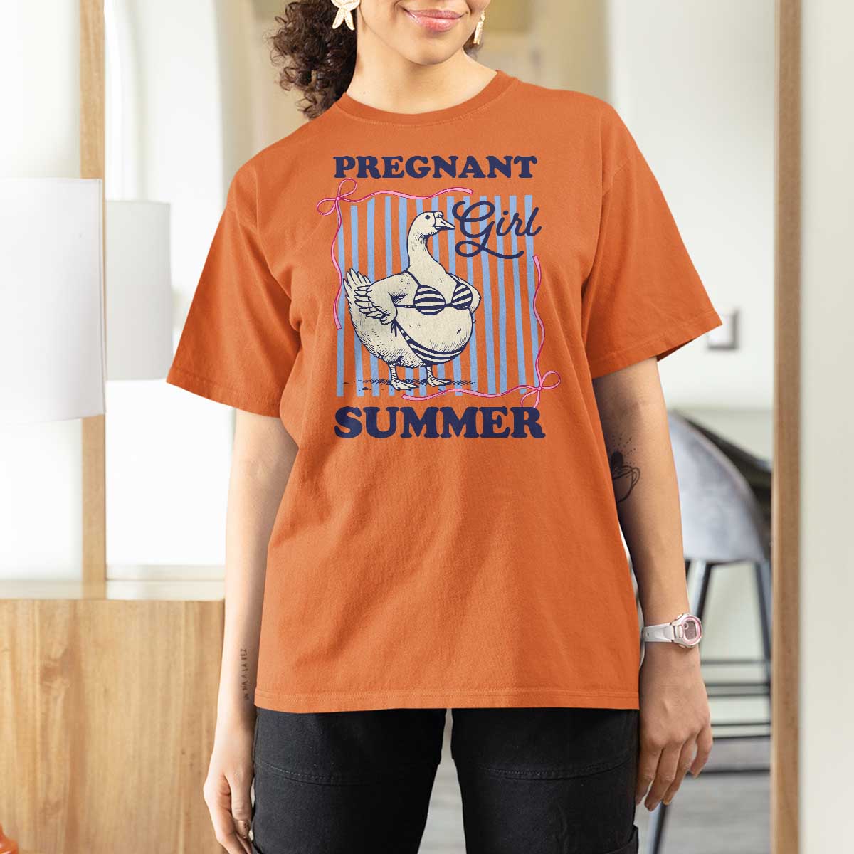 Pregnant Girl Summer T Shirt For Women Striped Coquette Summer Goose Beach Pregnancy Announcement