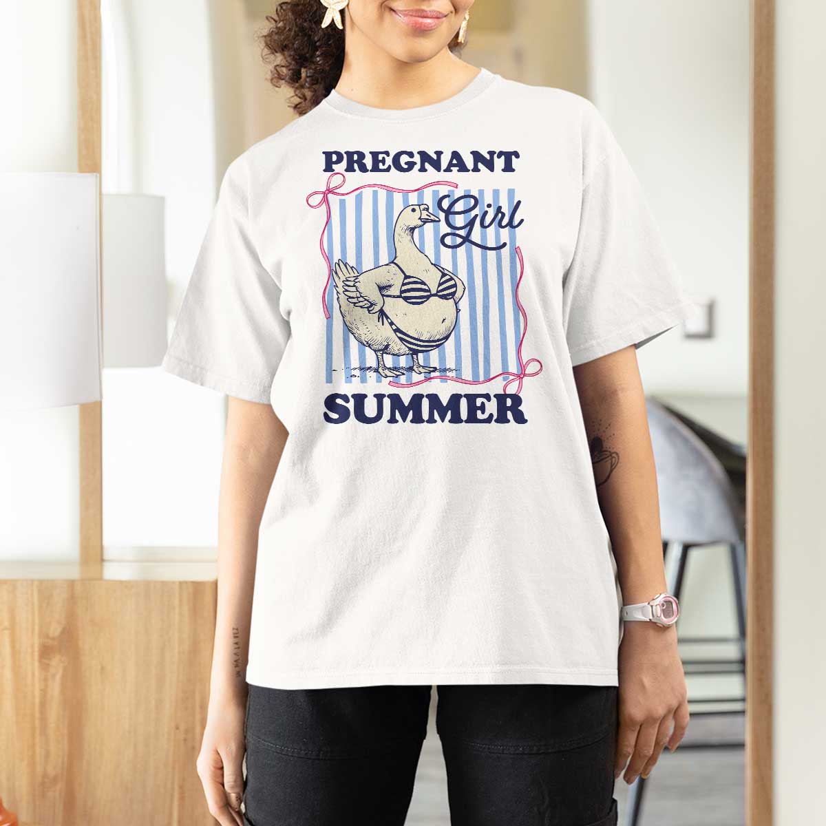 Pregnant Girl Summer T Shirt For Women Striped Coquette Summer Goose Beach Pregnancy Announcement