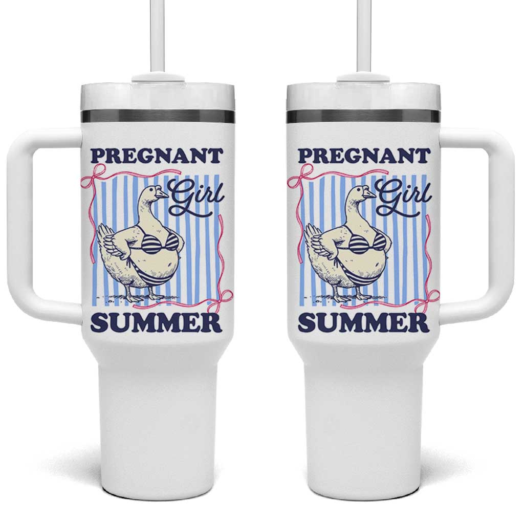 Pregnant Girl Summer Tumbler With Handle Striped Coquette Summer Goose Beach Pregnancy Announcement
