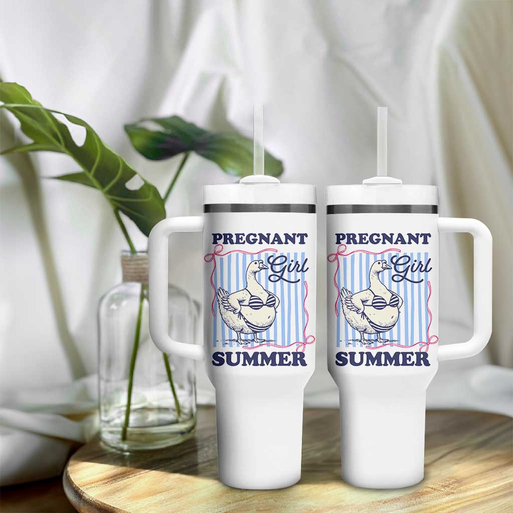 Pregnant Girl Summer Tumbler With Handle Striped Coquette Summer Goose Beach Pregnancy Announcement