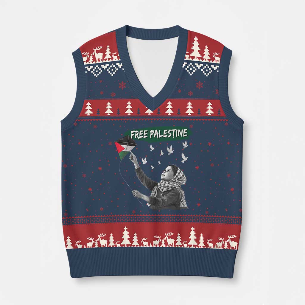 Free Palestine V-Neck Knit Sweater Vest Gaza Palestinian Flag - Wonder Print Shop