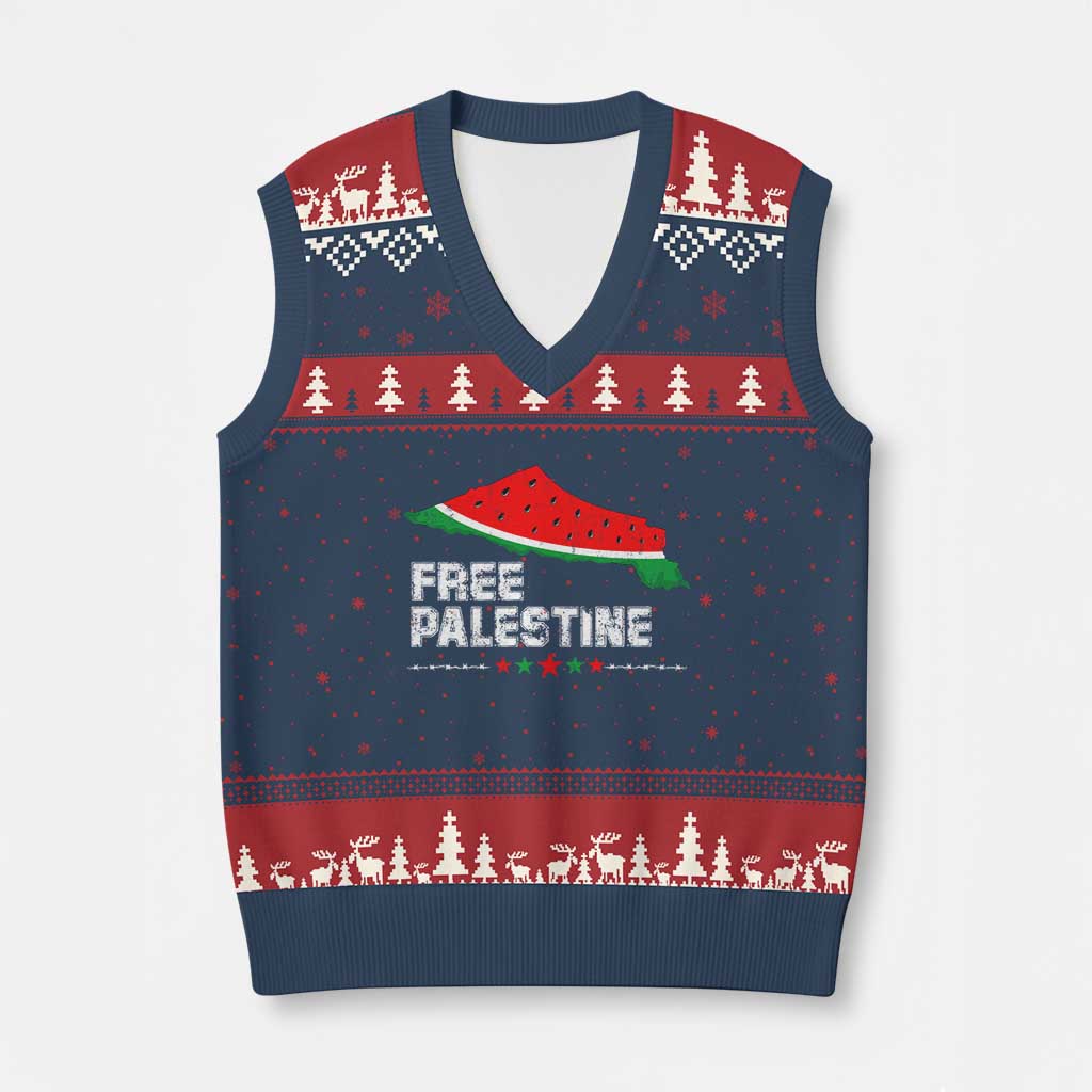 Free Palestine V-Neck Knit Sweater Vest Watermelon Map - Wonder Print Shop