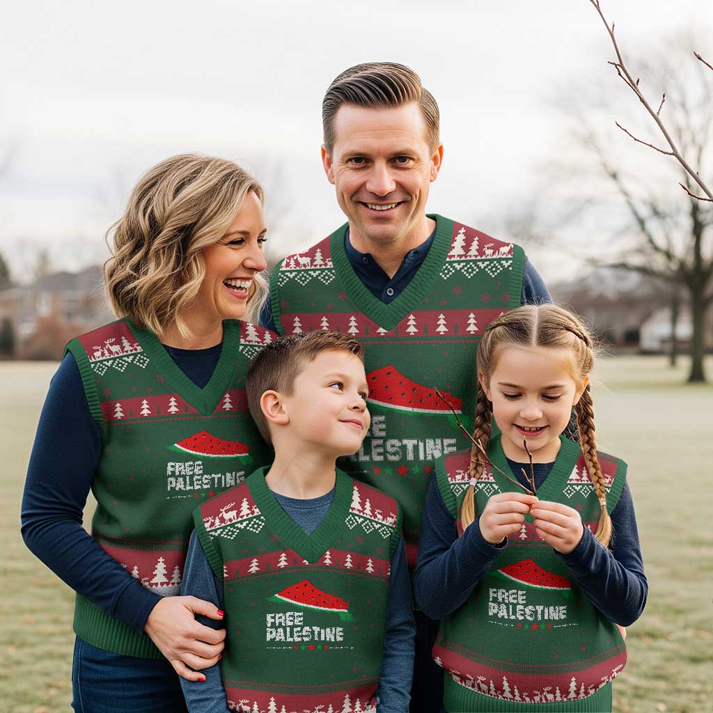 Free Palestine V-Neck Knit Sweater Vest Watermelon Map - Wonder Print Shop