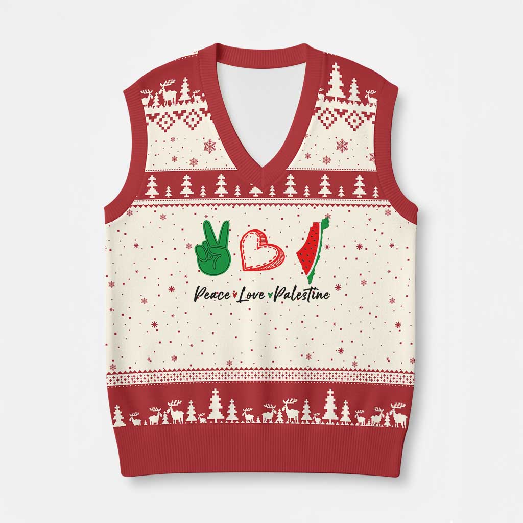 Peace Love Palestine V-Neck Knit Sweater Vest Gaza Palestinian Flag - Wonder Print Shop
