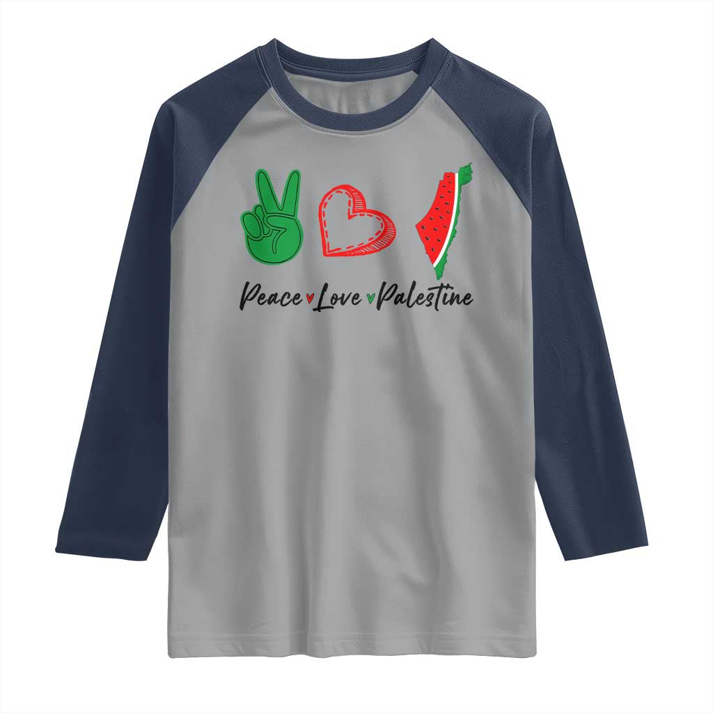Peace Love Palestine Raglan Shirt Gaza Palestinian Flag - Wonder Print Shop