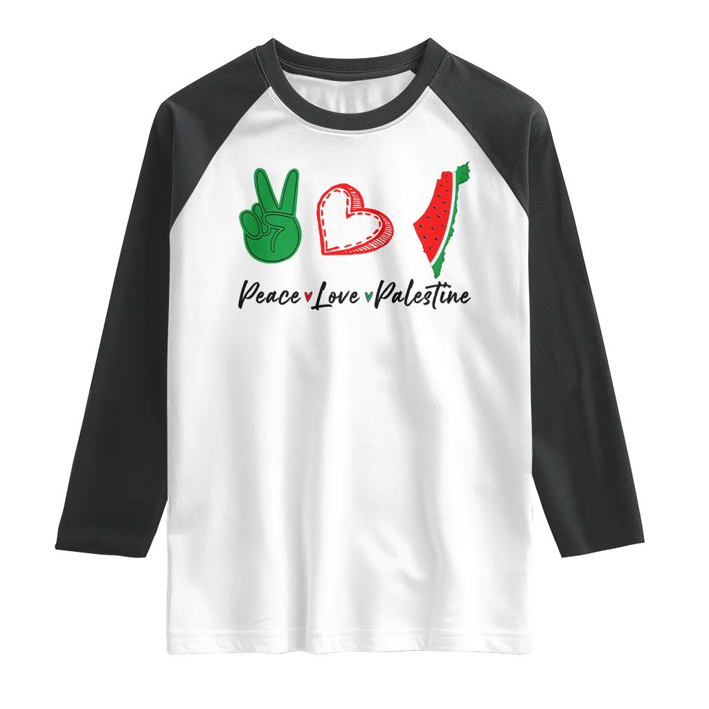 Peace Love Palestine Raglan Shirt Gaza Palestinian Flag - Wonder Print Shop