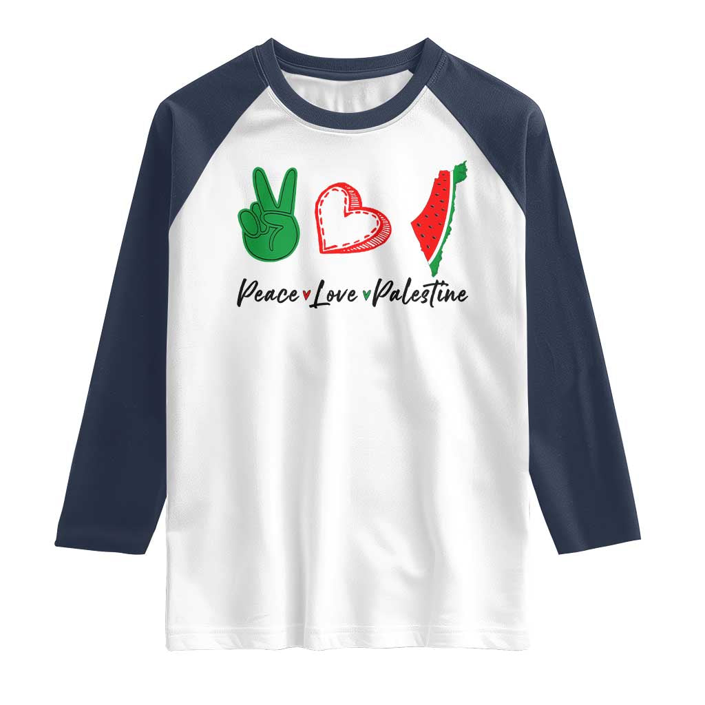 Peace Love Palestine Raglan Shirt Gaza Palestinian Flag - Wonder Print Shop