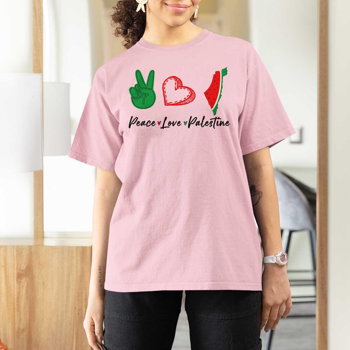 Peace Love Palestine T Shirt For Women Gaza Palestinian Flag - Wonder Print Shop