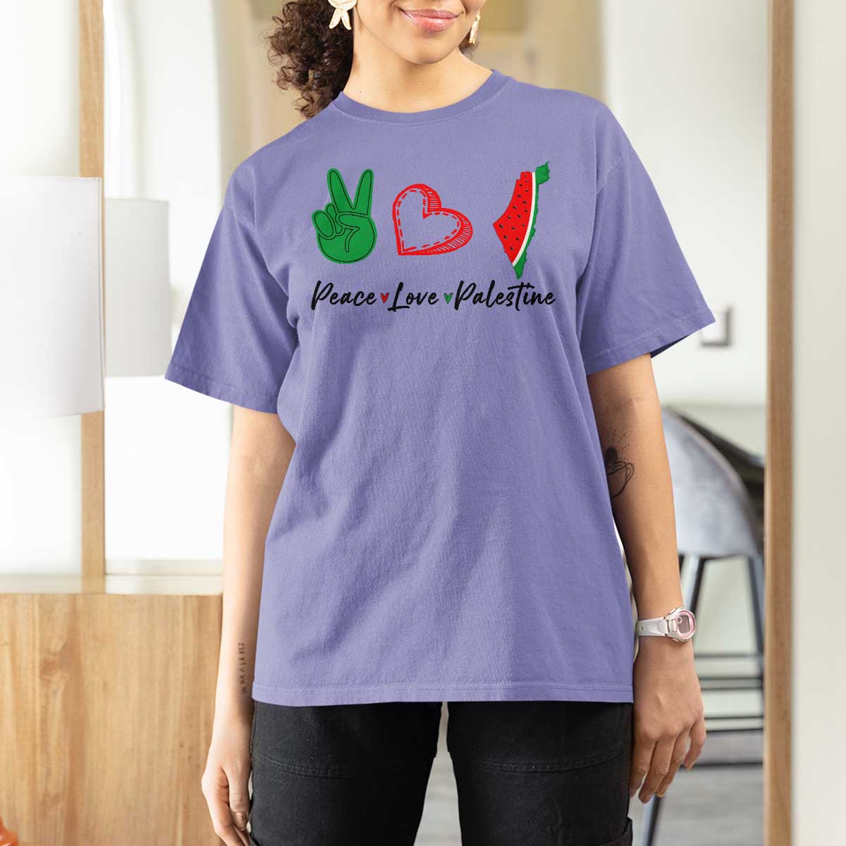 Peace Love Palestine T Shirt For Women Gaza Palestinian Flag - Wonder Print Shop