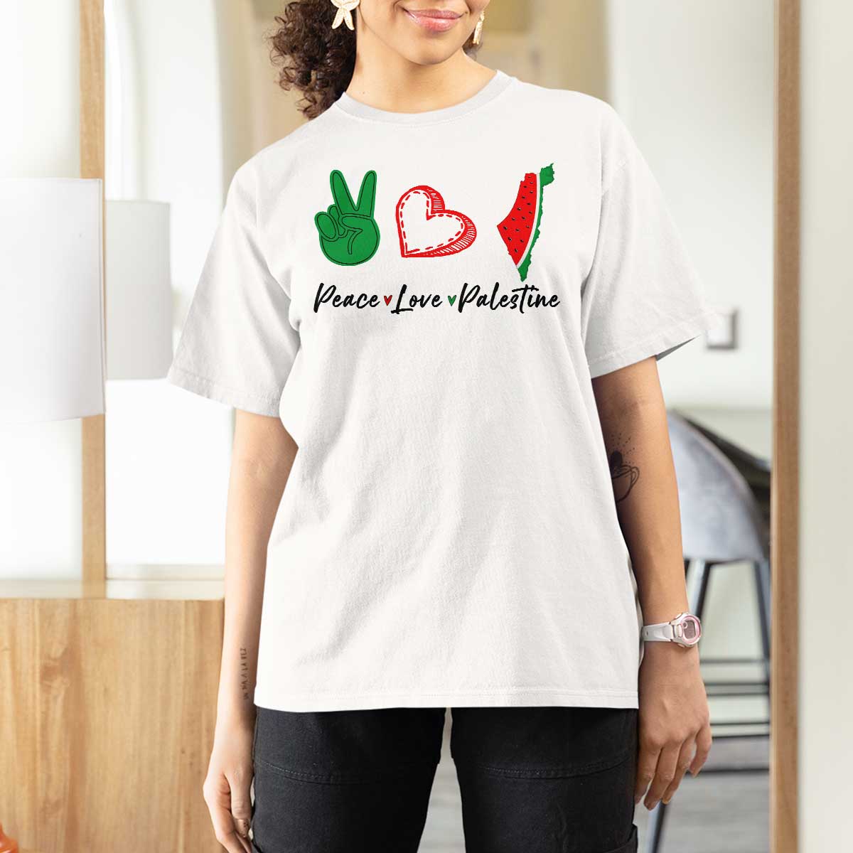 Peace Love Palestine T Shirt For Women Gaza Palestinian Flag - Wonder Print Shop
