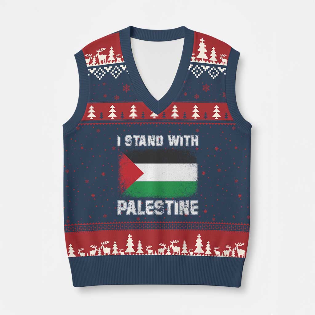 Stand With Palestine V-Neck Knit Sweater Vest Gaza Palestinian Flag - Wonder Print Shop