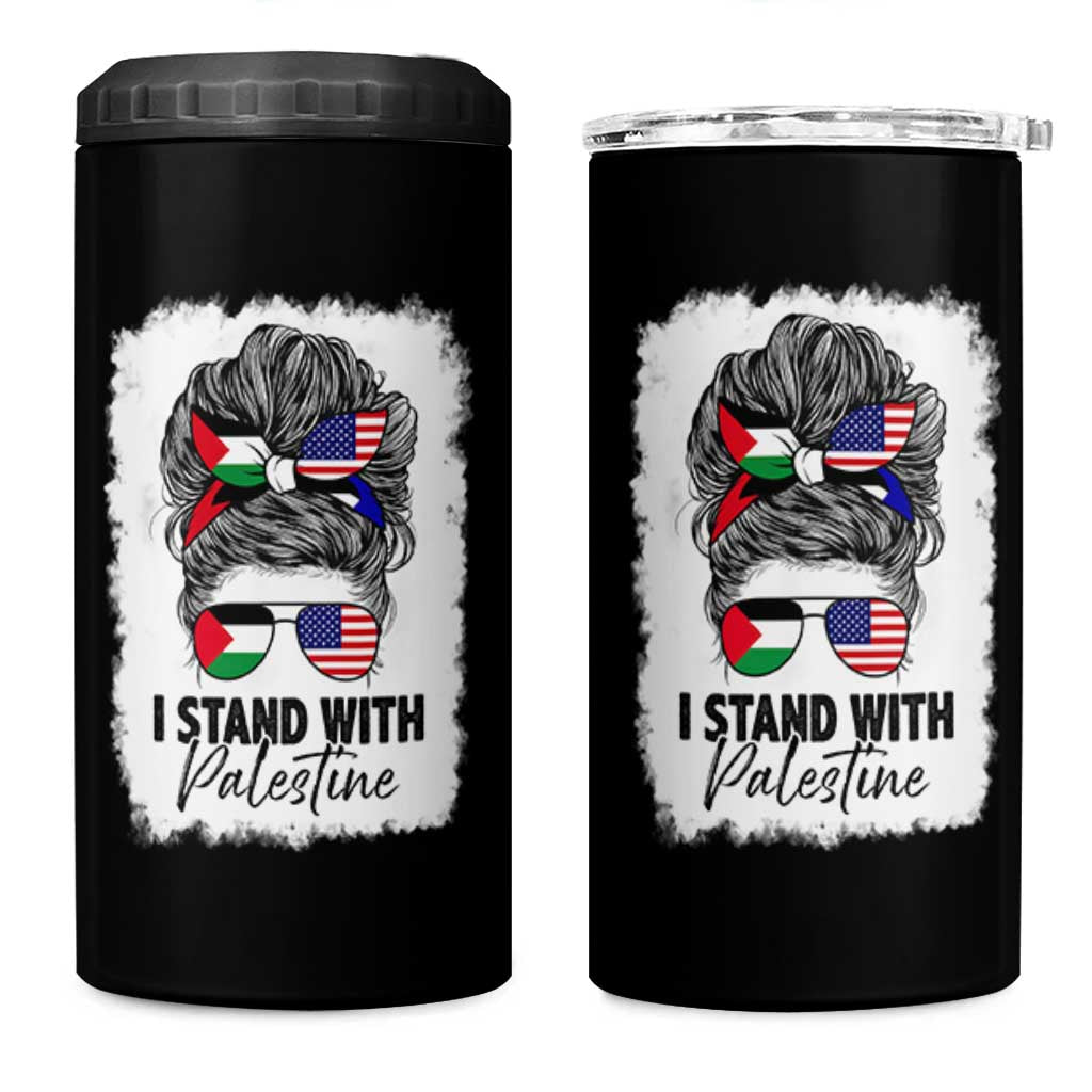 Stand With Palestine 4 in 1 Can Cooler Tumbler Messy Bun Gaza Palestinian Flag - Wonder Print Shop