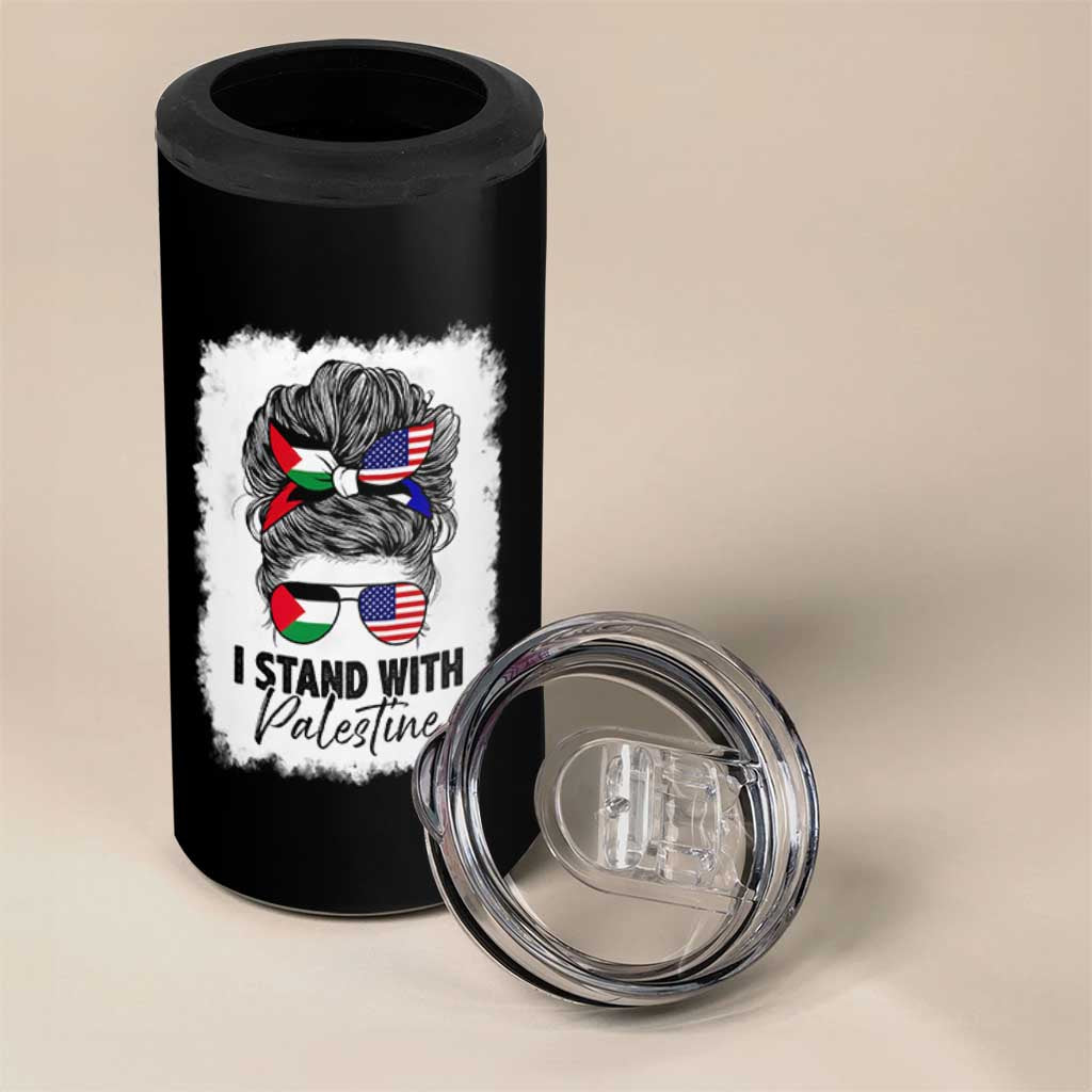 Stand With Palestine 4 in 1 Can Cooler Tumbler Messy Bun Gaza Palestinian Flag - Wonder Print Shop