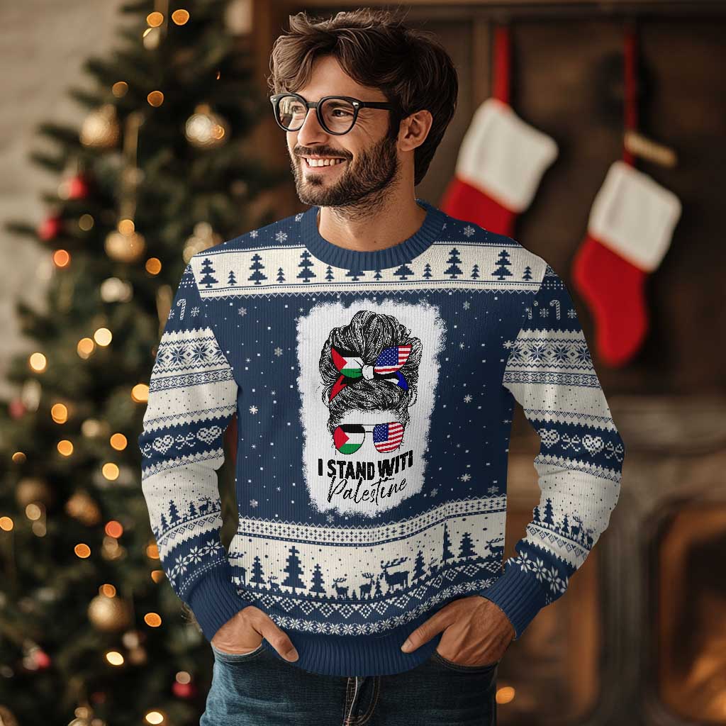 Stand With Palestine Ugly Christmas Sweater Messy Bun Gaza Palestinian Flag - Wonder Print Shop