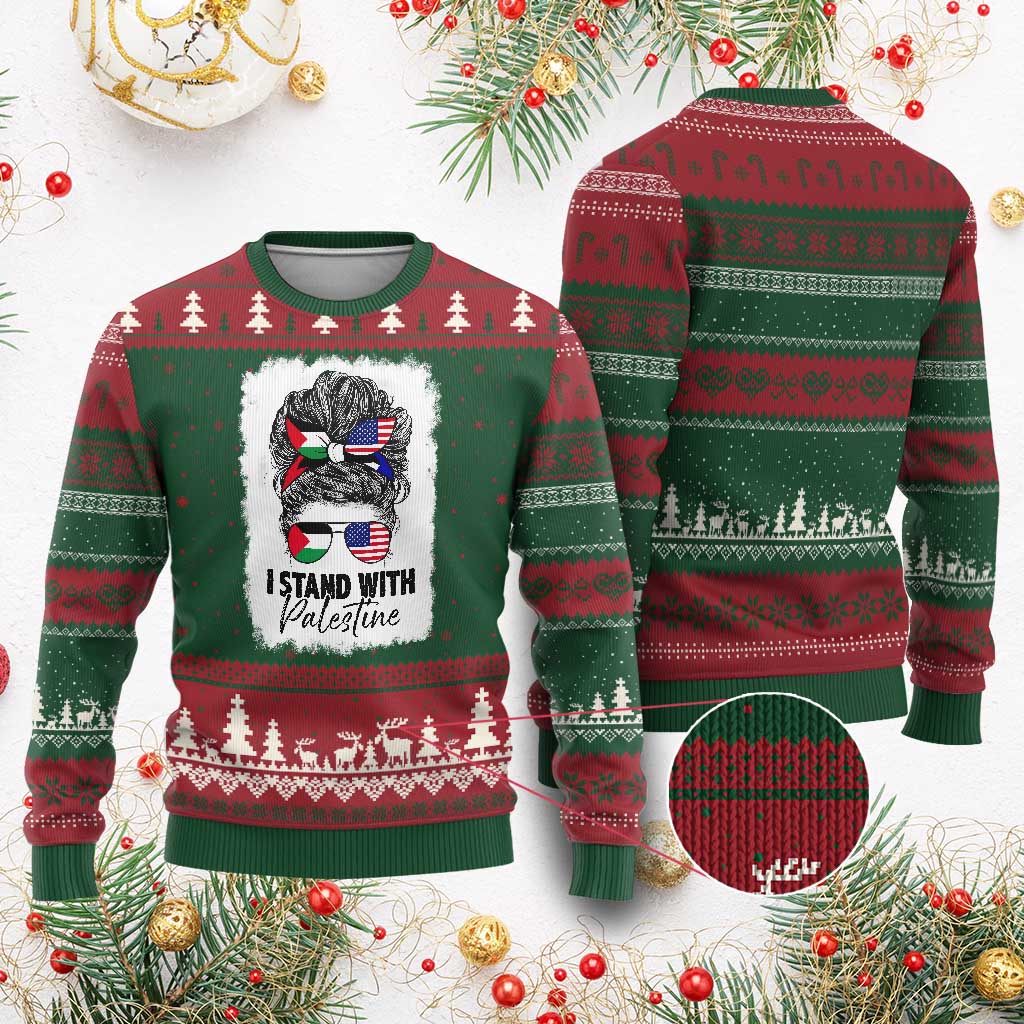 Stand With Palestine Ugly Christmas Sweater Messy Bun Gaza Palestinian Flag - Wonder Print Shop