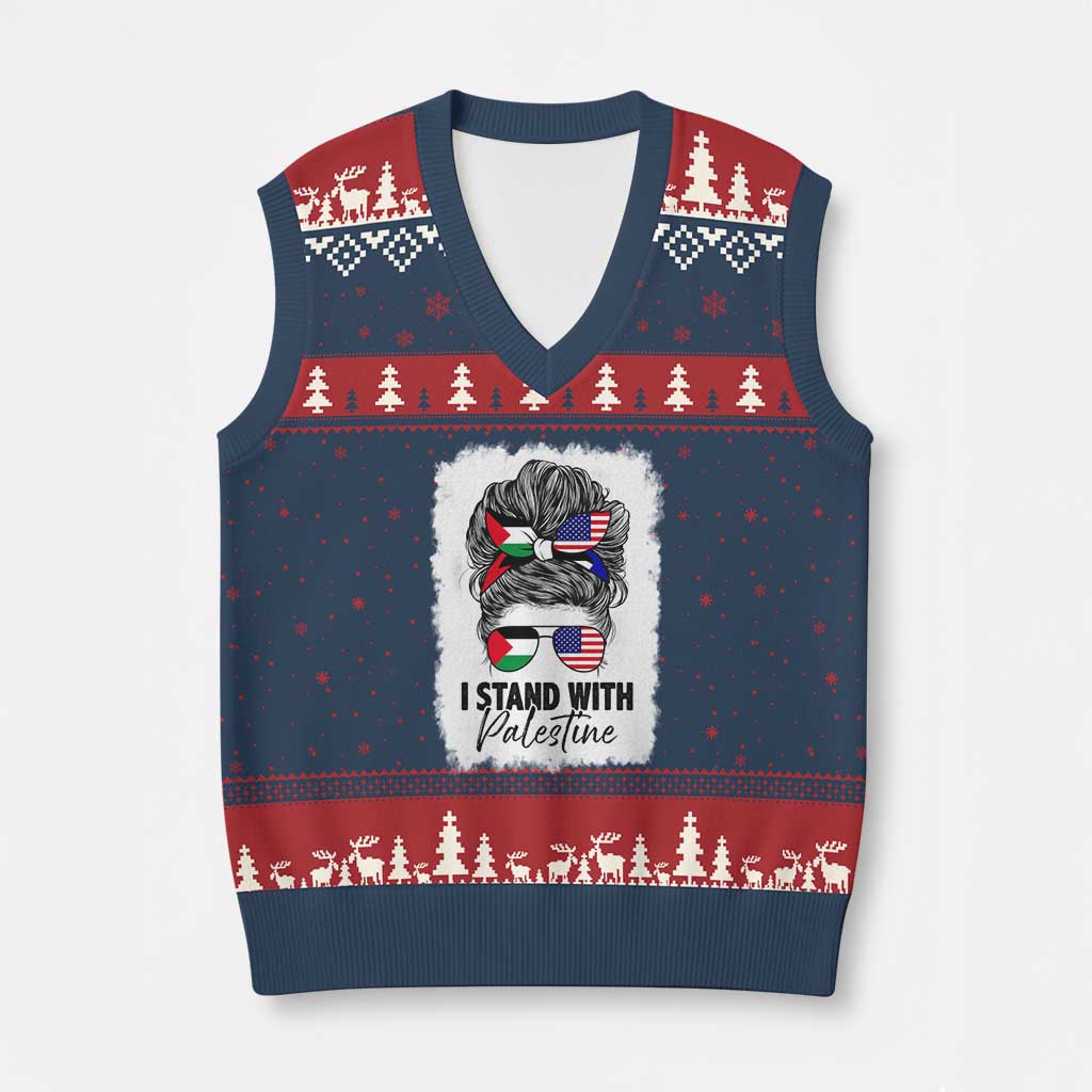 Stand With Palestine V-Neck Knit Sweater Vest Messy Bun Gaza Palestinian Flag - Wonder Print Shop