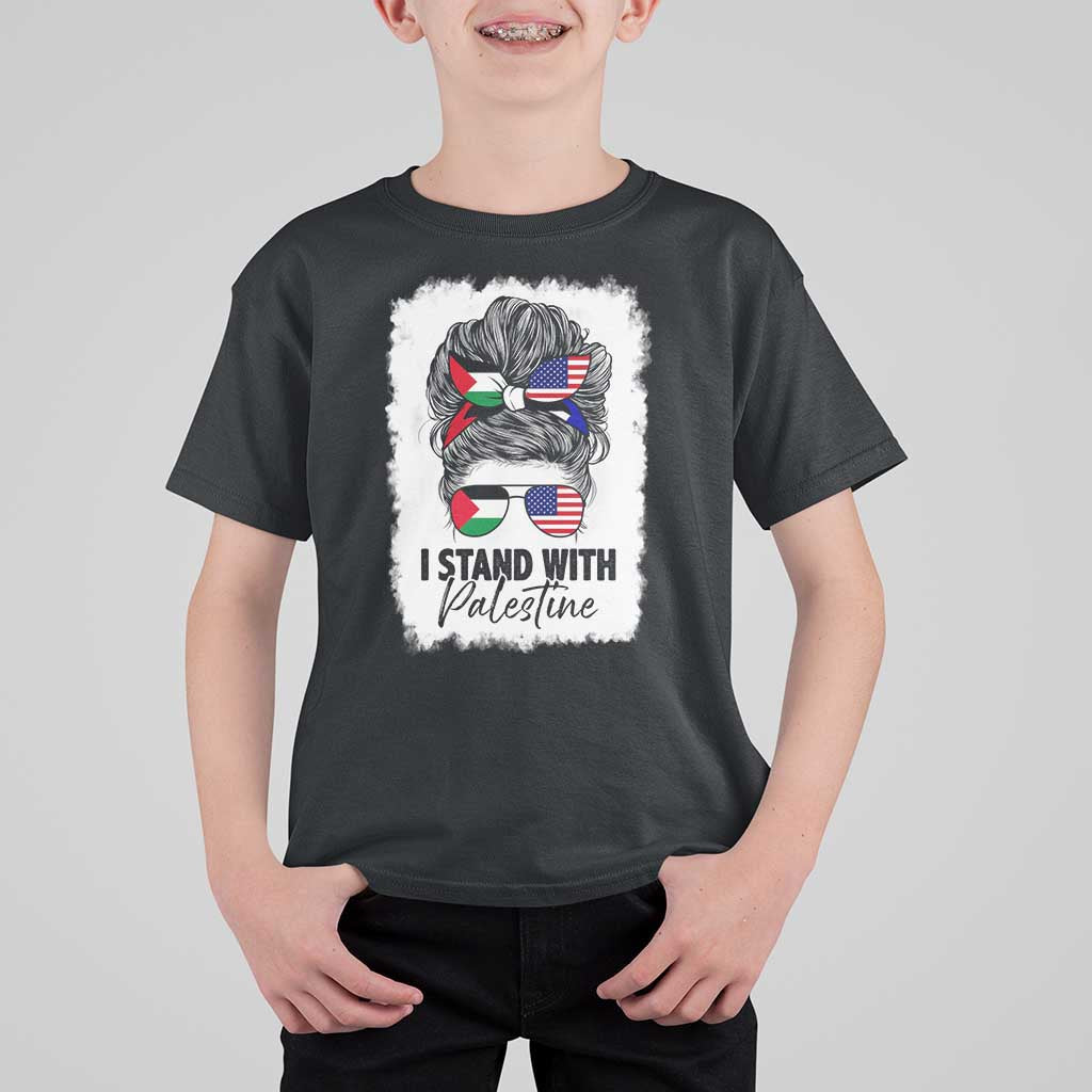Stand With Palestine T Shirt For Kid Messy Bun Gaza Palestinian Flag - Wonder Print Shop