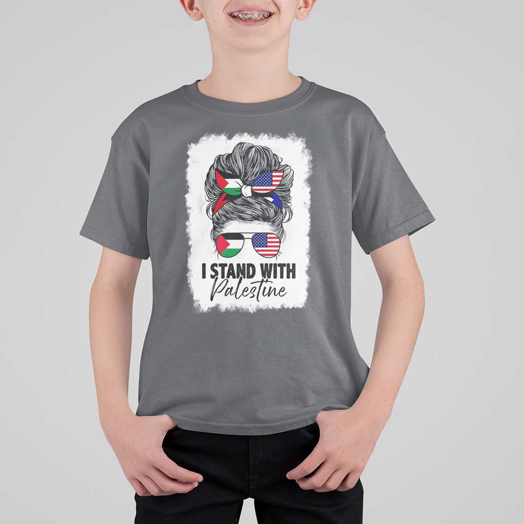 Stand With Palestine T Shirt For Kid Messy Bun Gaza Palestinian Flag - Wonder Print Shop