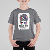 Stand With Palestine T Shirt For Kid Messy Bun Gaza Palestinian Flag - Wonder Print Shop