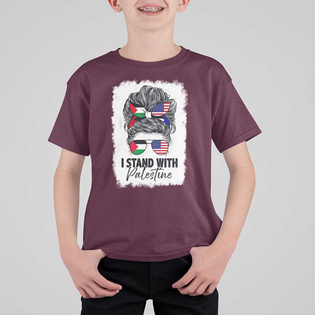Stand With Palestine T Shirt For Kid Messy Bun Gaza Palestinian Flag - Wonder Print Shop