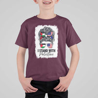 Stand With Palestine T Shirt For Kid Messy Bun Gaza Palestinian Flag - Wonder Print Shop