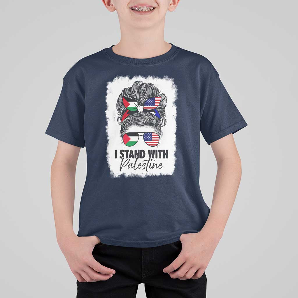 Stand With Palestine T Shirt For Kid Messy Bun Gaza Palestinian Flag - Wonder Print Shop