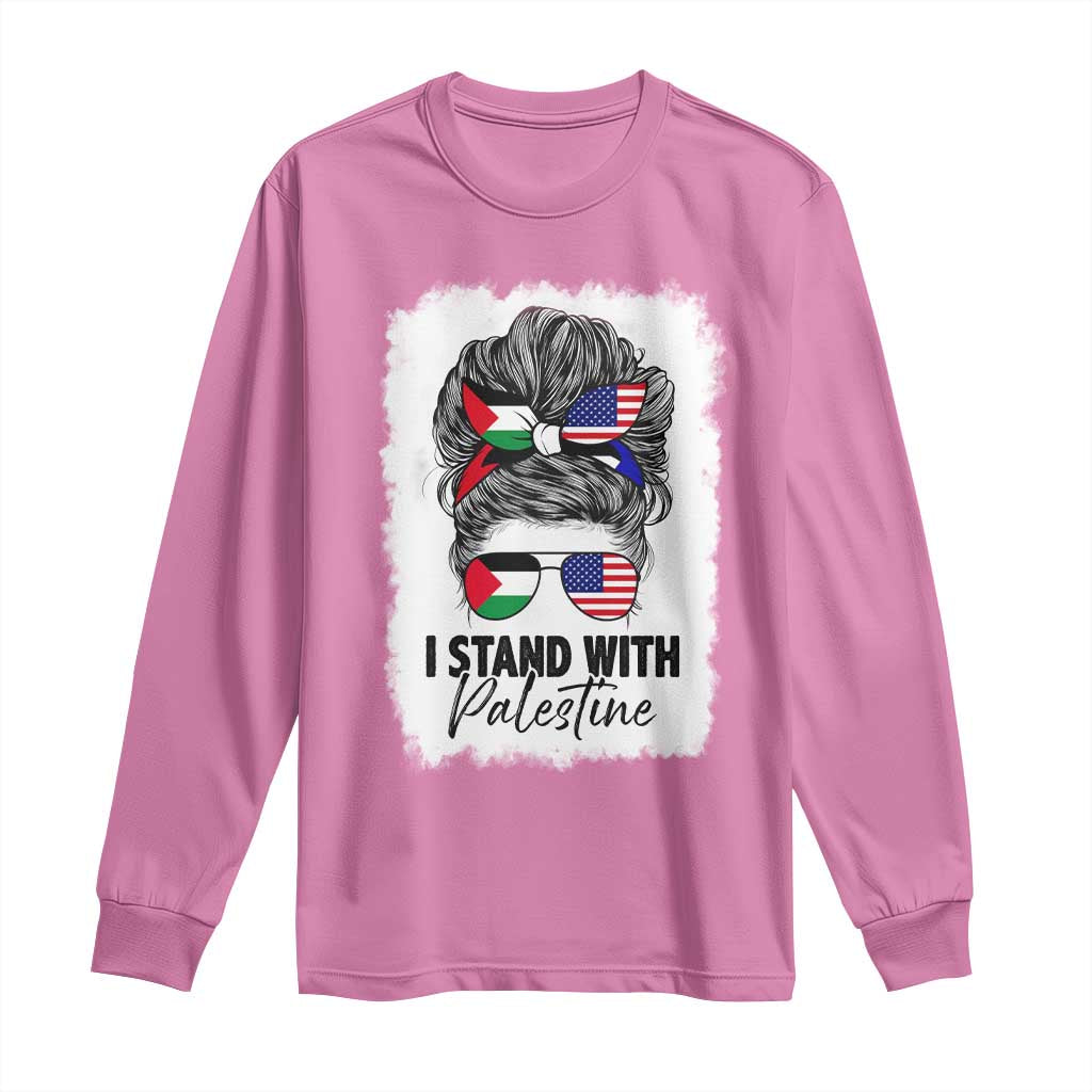 Stand With Palestine Long Sleeve Shirt Messy Bun Gaza Palestinian Flag - Wonder Print Shop